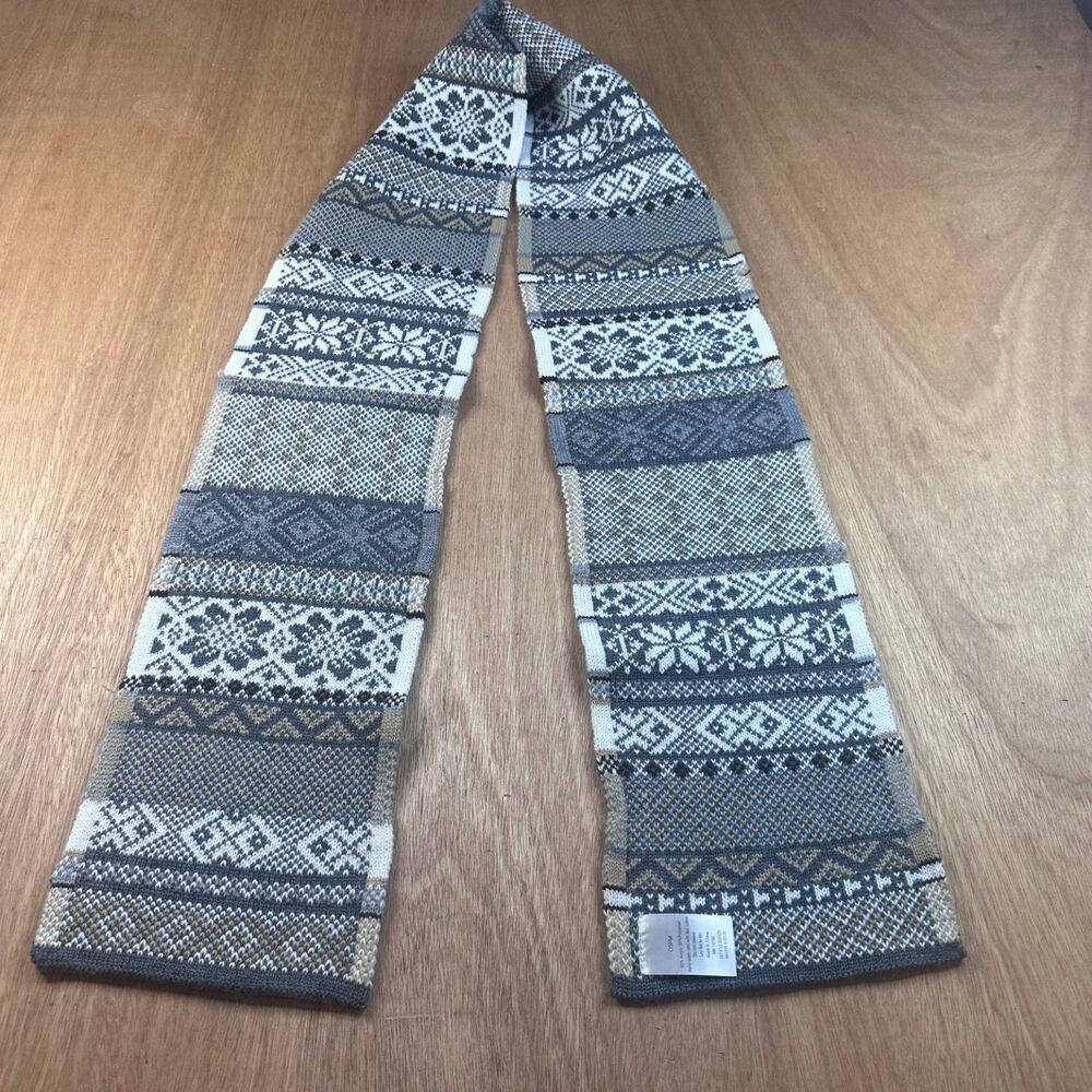 Fair Isle Knit Scarf Gray Taupe Neutral Winter Unisex Long